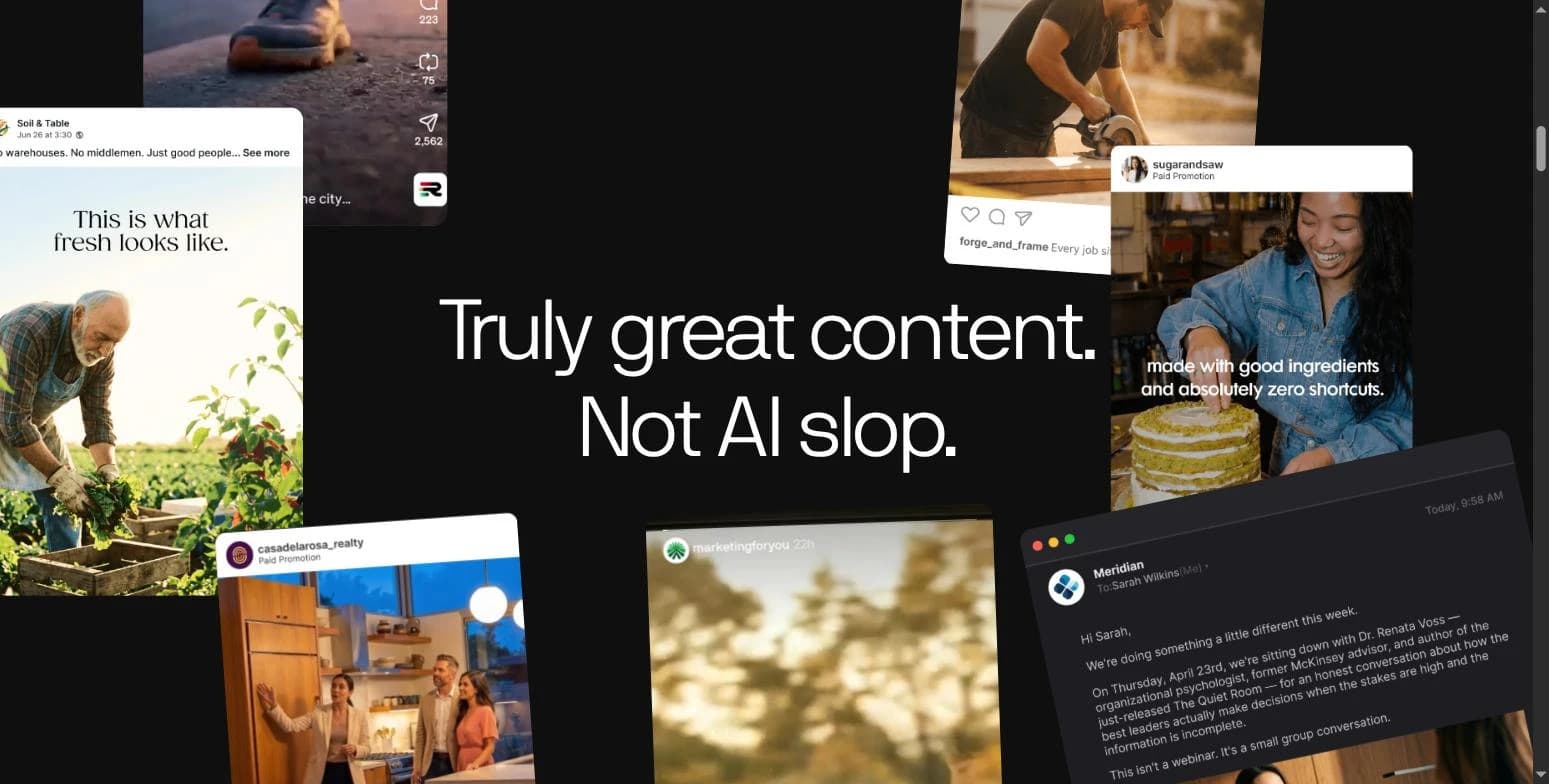 Generated content — real campaign output across social, ads and email, not templated AI filler