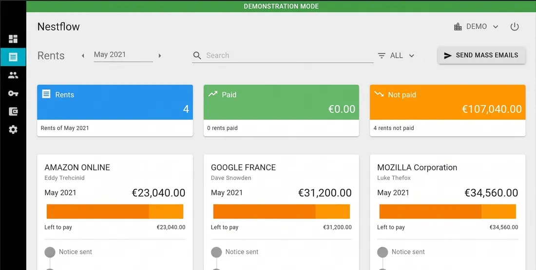 Rent dashboard — €107,040 outstanding across 4 leases