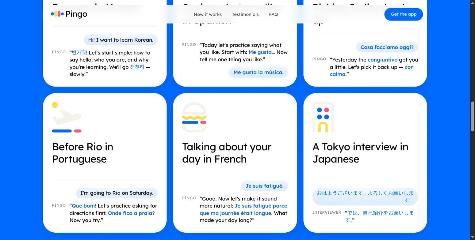 Roleplay scenarios — real-time conversation practice across Korean, Spanish, Italian, Portuguese, French and Japanese