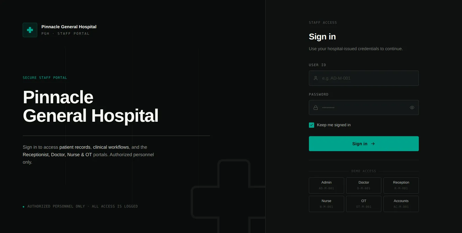 Six role-based portals — one secure staff sign-in