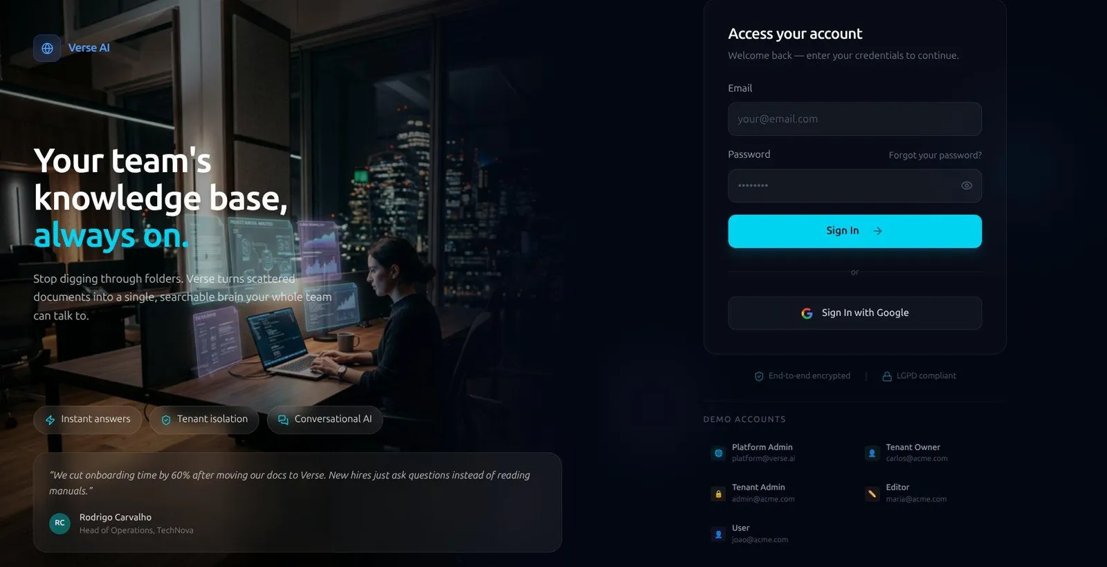 Verse AI tenant portal — live login screen