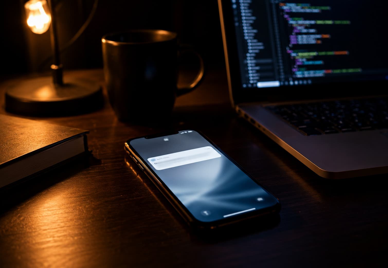 A phone lighting up with a notification on a desk beside a laptop showing code
