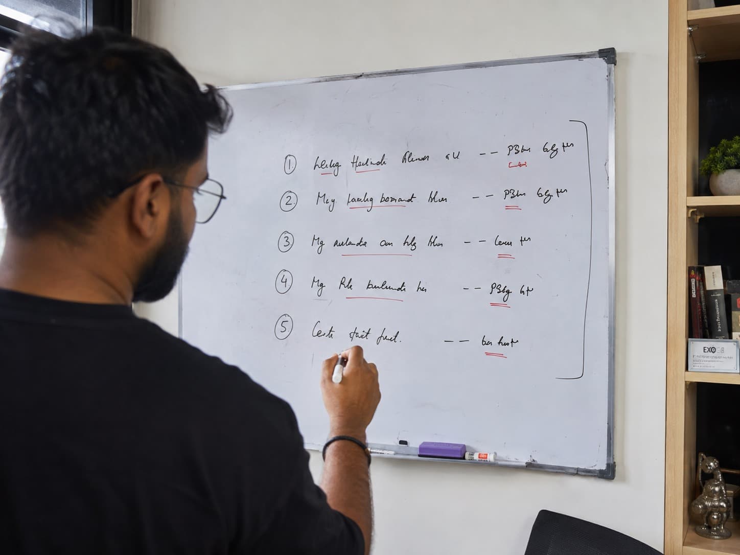 An engineer writing a numbered list of rules on a whiteboard, each with a handwritten cost noted beside it