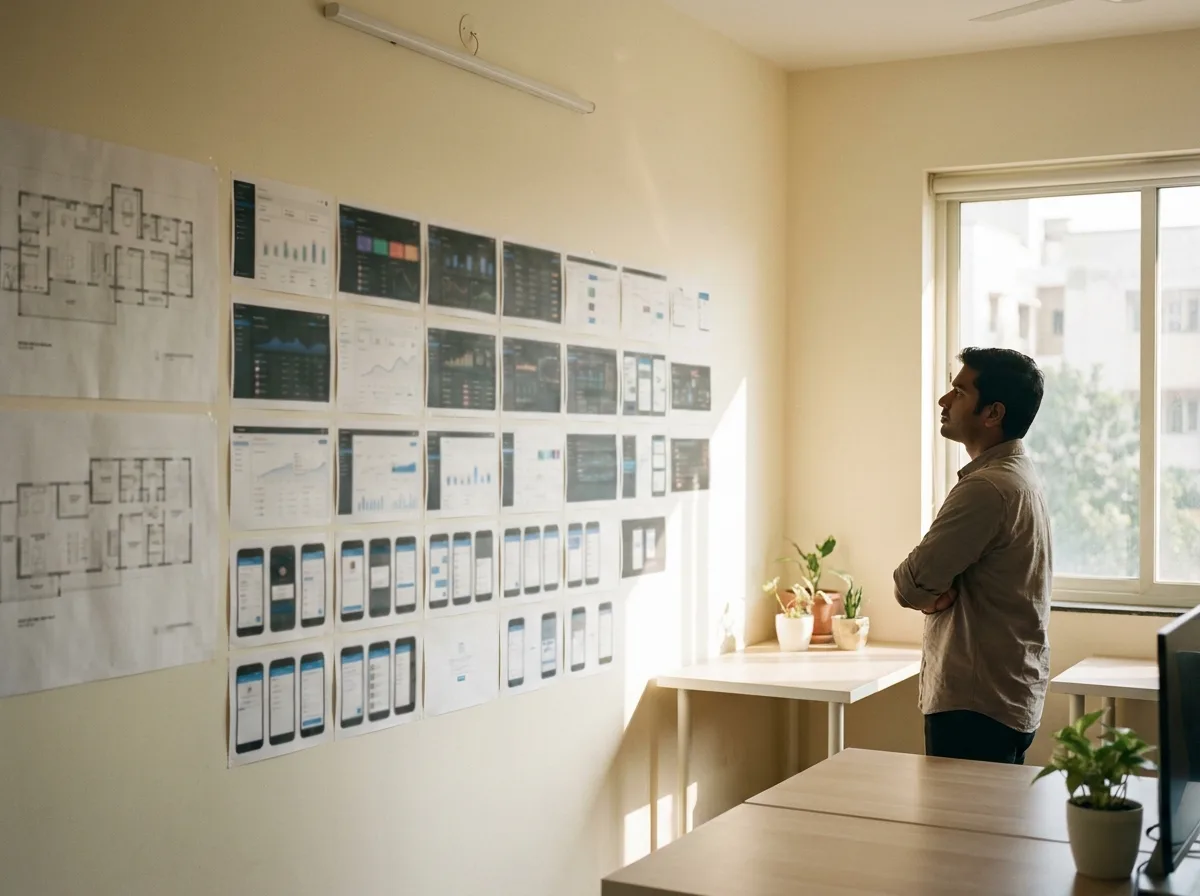 An engineer reviewing the wall of printed screens from every live system