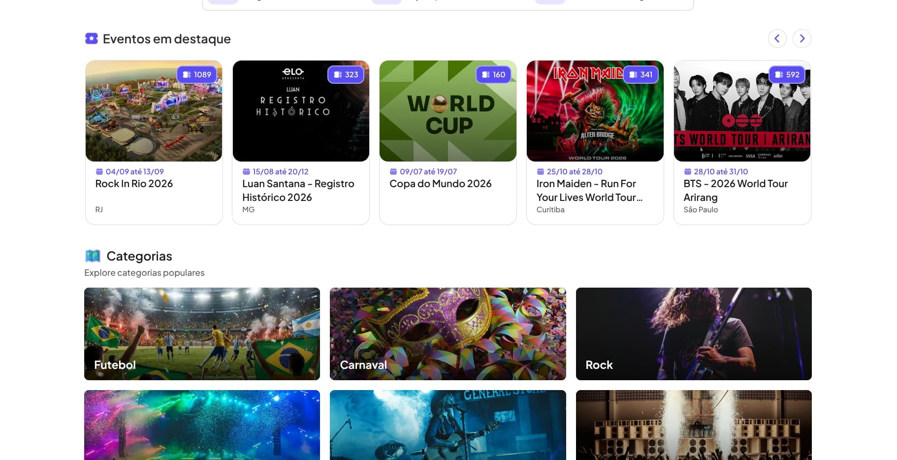 Featured events and category browsing — Rock in Rio, World Cup, Iron Maiden, BTS
