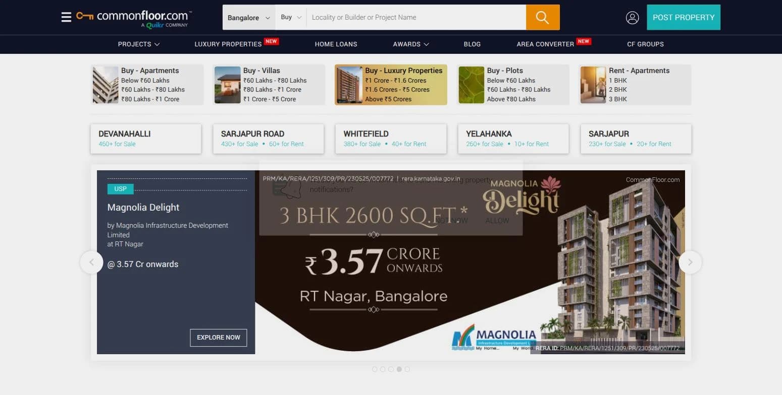 Homepage — city-wide property search across Buy, Rent, Villas, Plots and Luxury