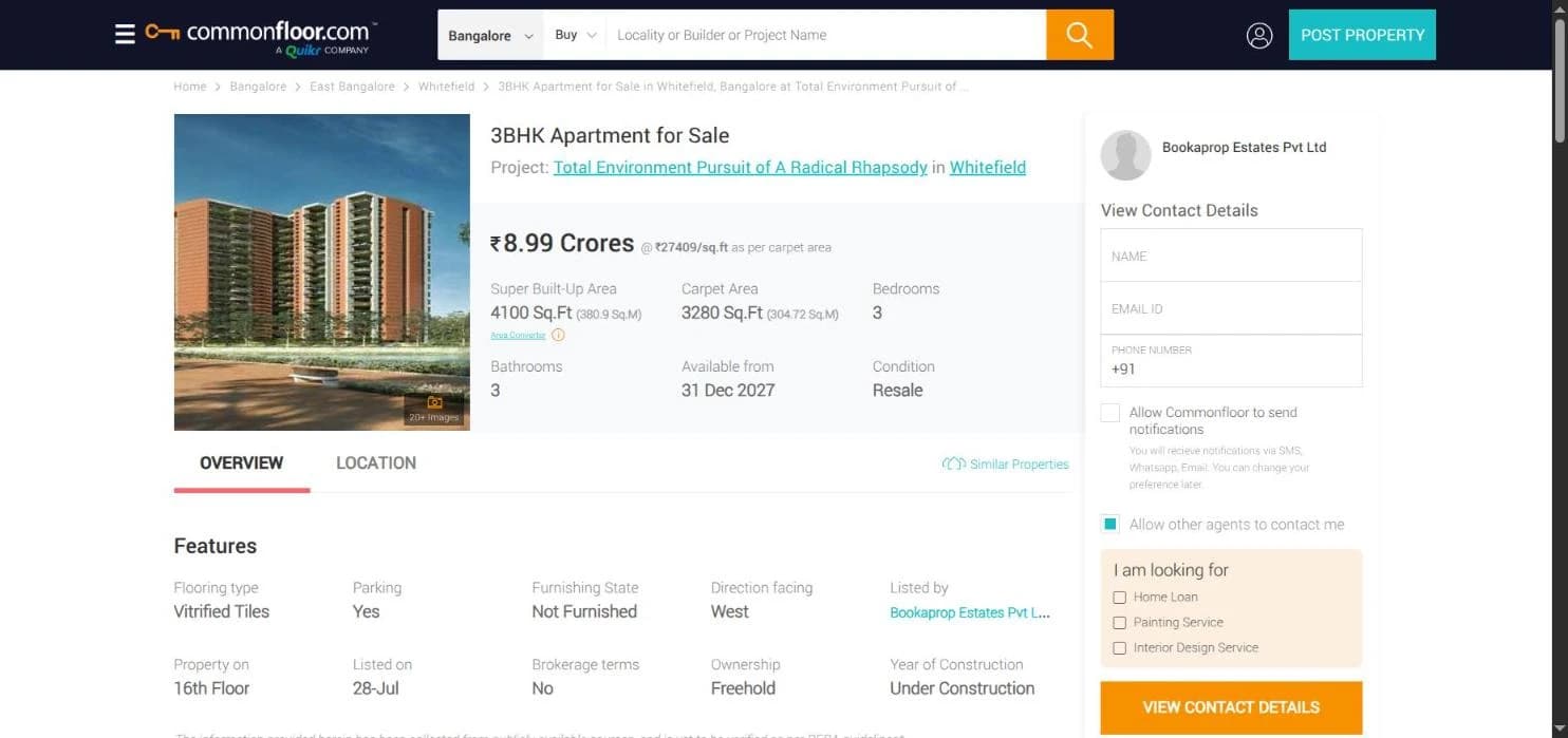 Property detail page — pricing, carpet area, features and agent contact
