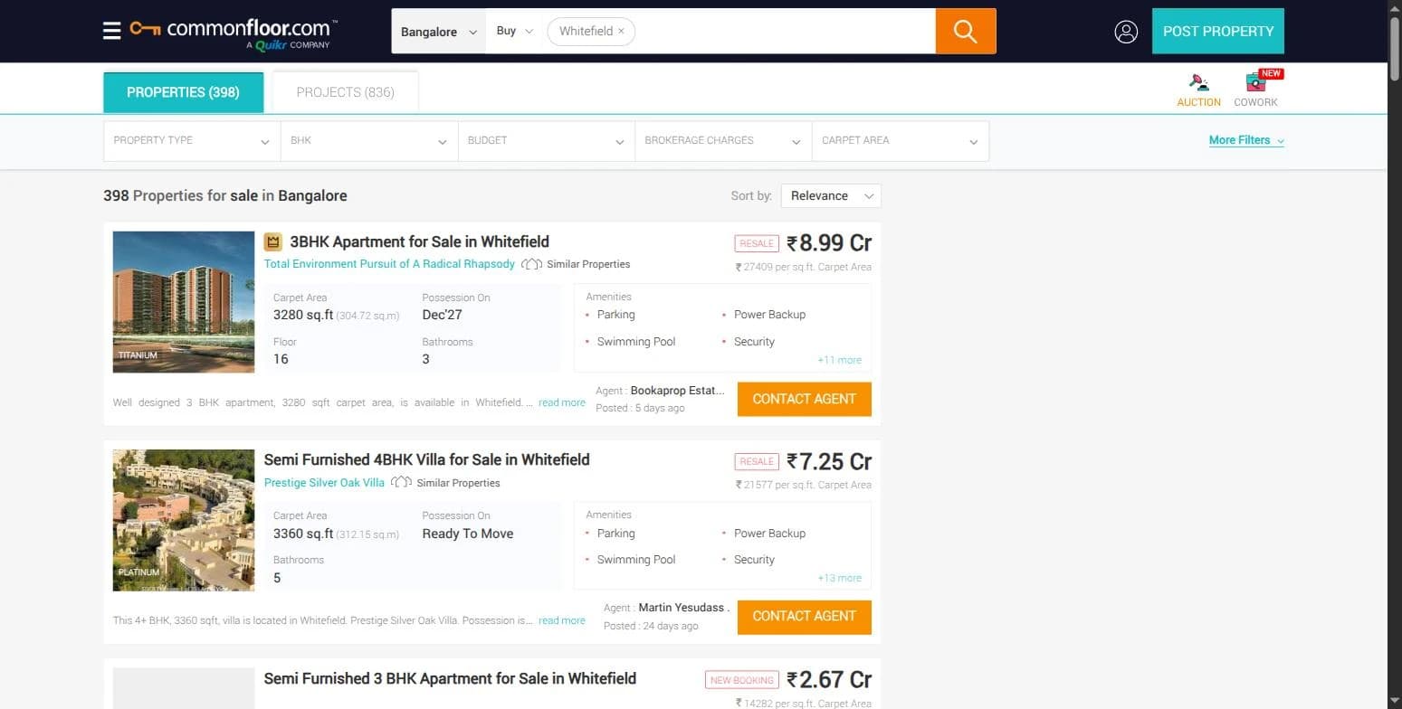 Search results — 398 Whitefield listings filtered by property type, BHK, budget, brokerage and carpet area