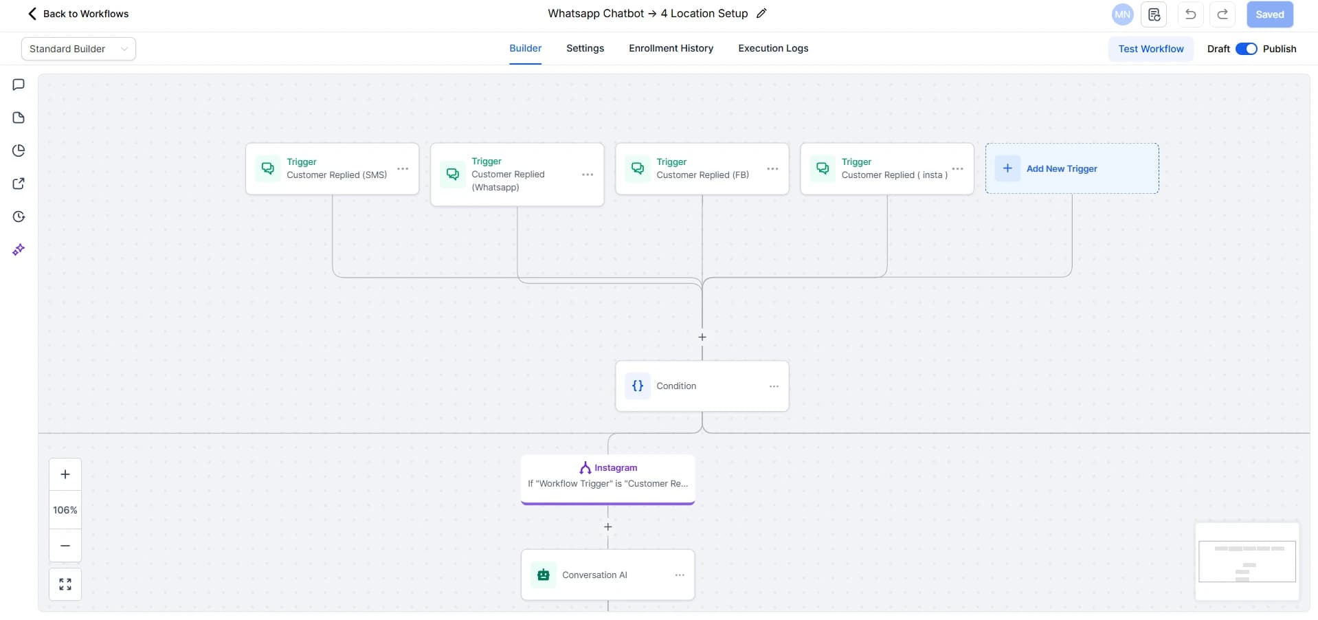 Trigger and condition logic — routing each channel's reply into its own Conversation AI branch