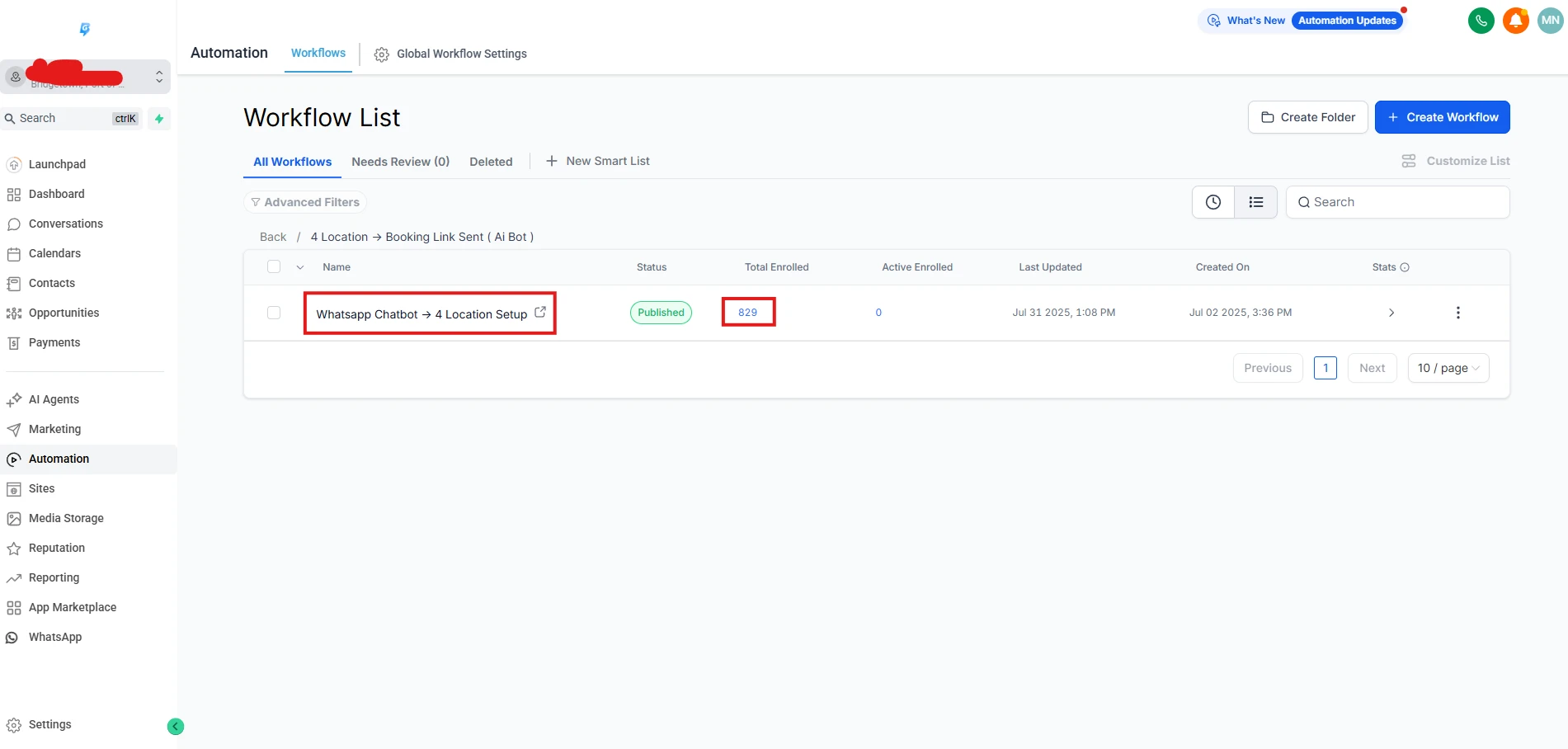 Published workflow — 829 contacts enrolled across the 4-location chatbot setup