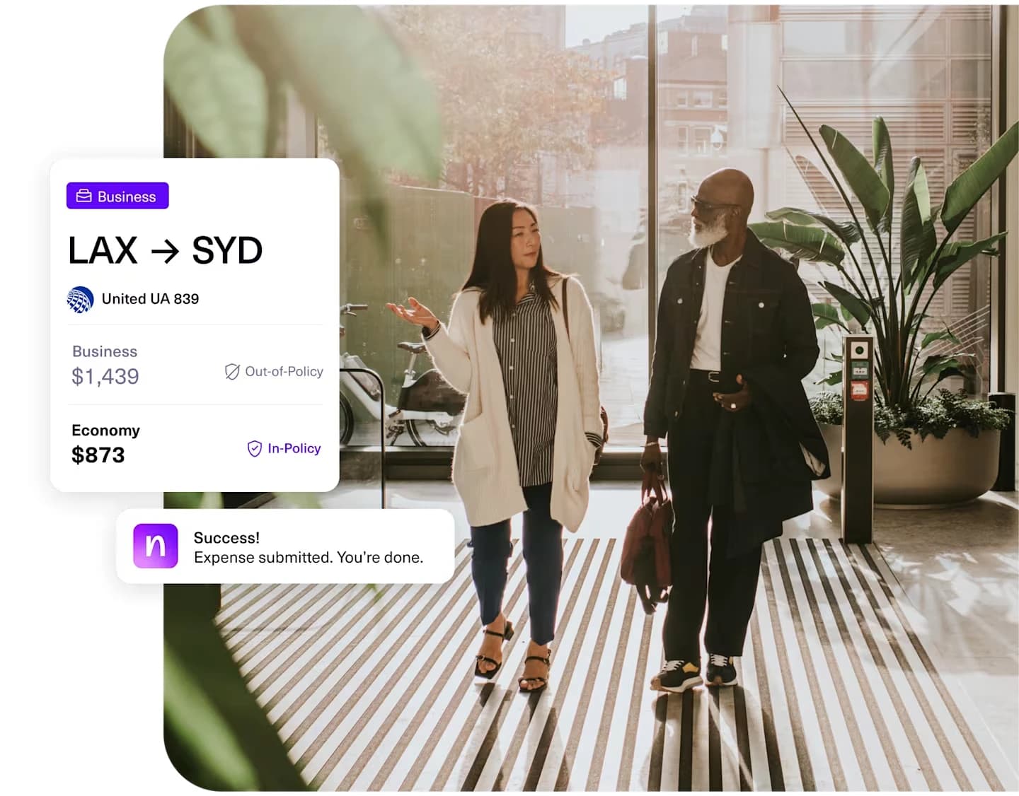 In-policy vs out-of-policy fare comparison on a live flight booking