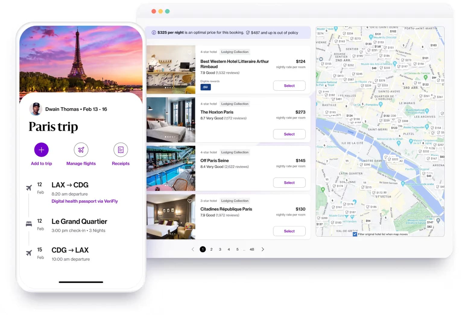 Hotel search — policy pricing guidance and map-based results