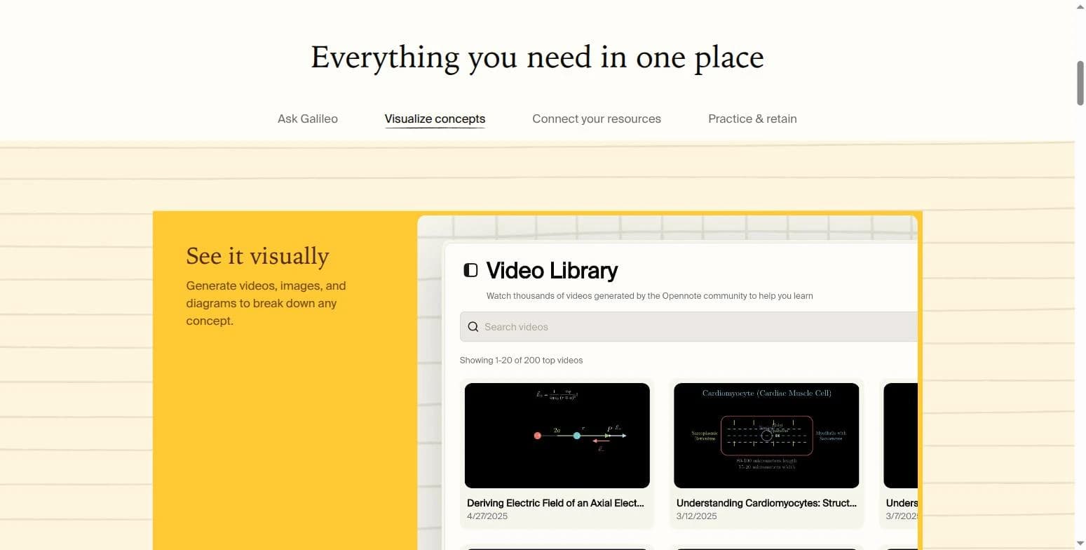 Video Library — concepts turned into generated explainer videos on demand