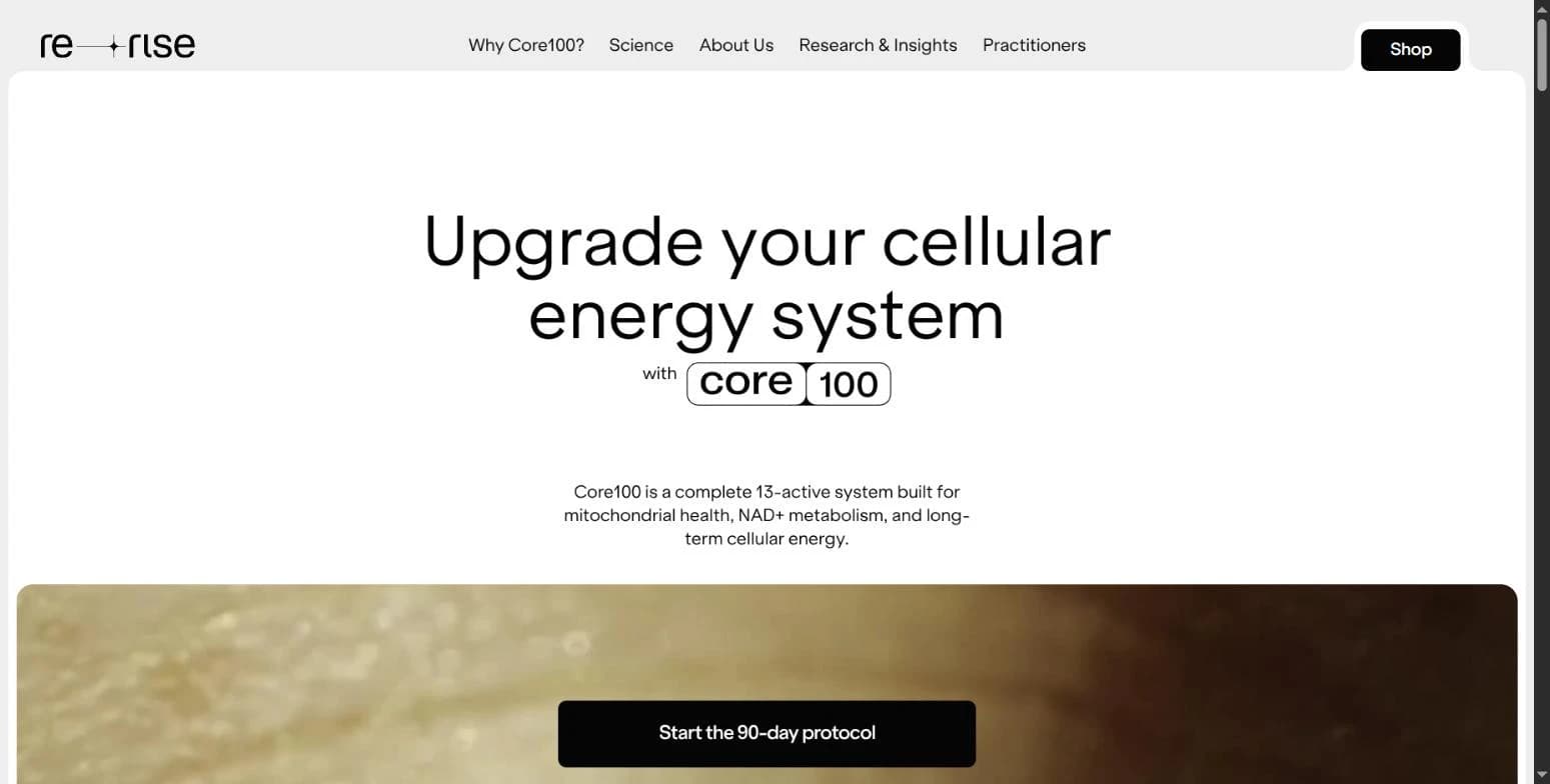 Homepage — "Upgrade your cellular energy system with Core100"
