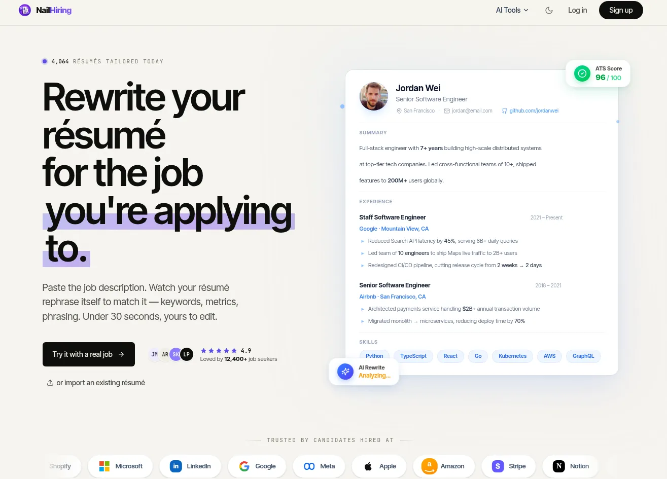 Live homepage — paste a job description, get an ATS-optimized resume in seconds