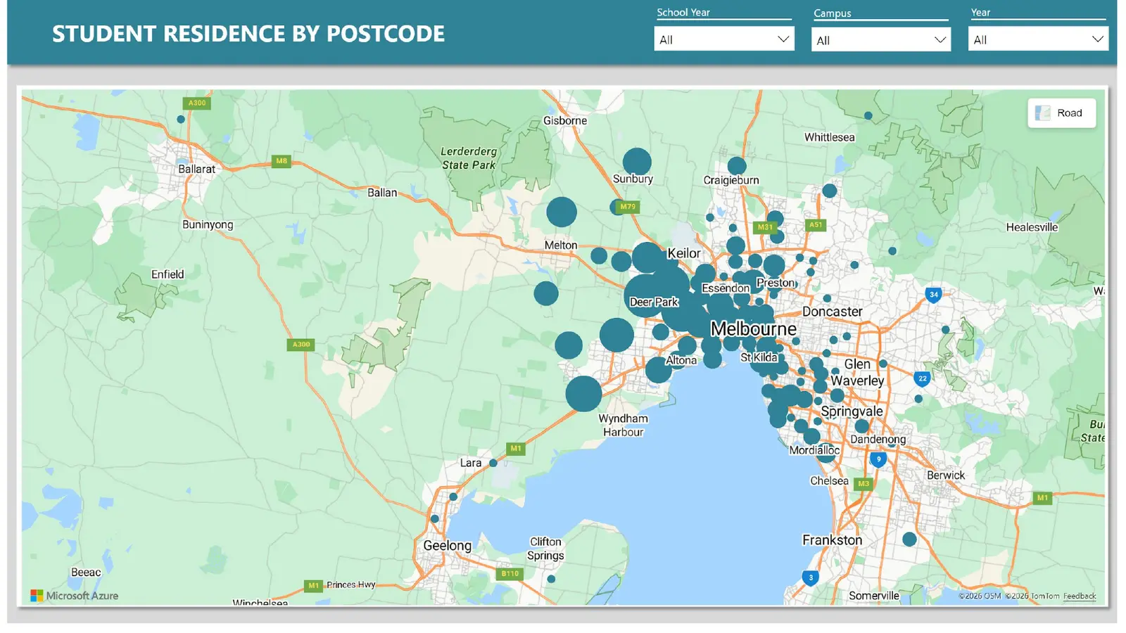 Student Residence by Postcode — every enrolment plotted across greater Melbourne