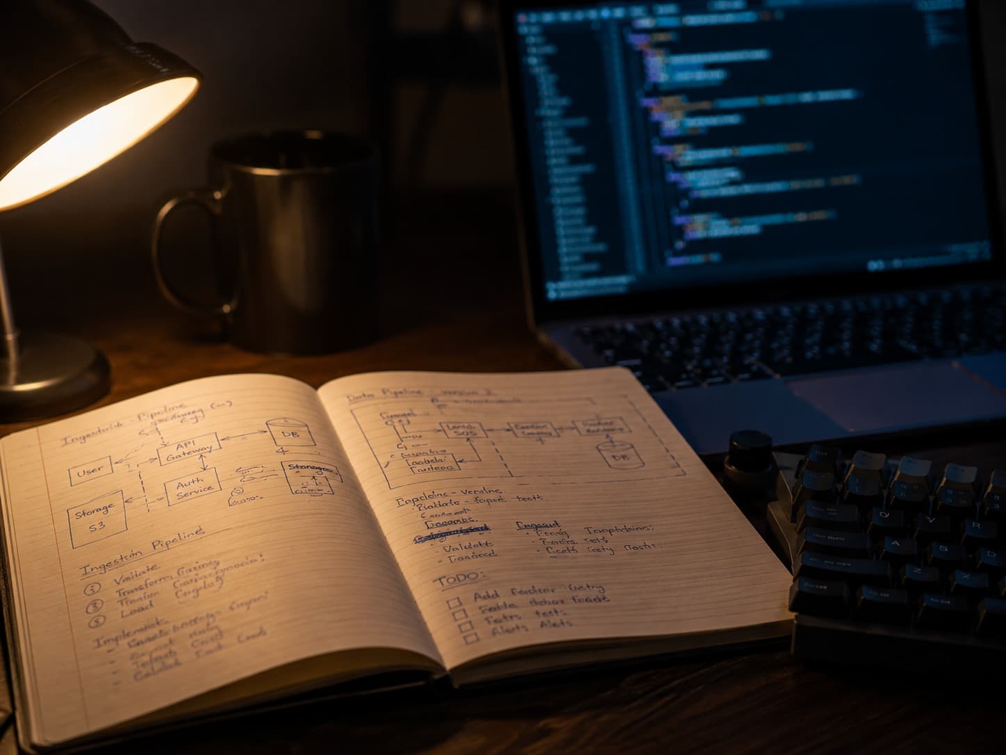 An engineer's notebook with hand-sketched pipeline architecture, open on a desk beside a laptop showing code