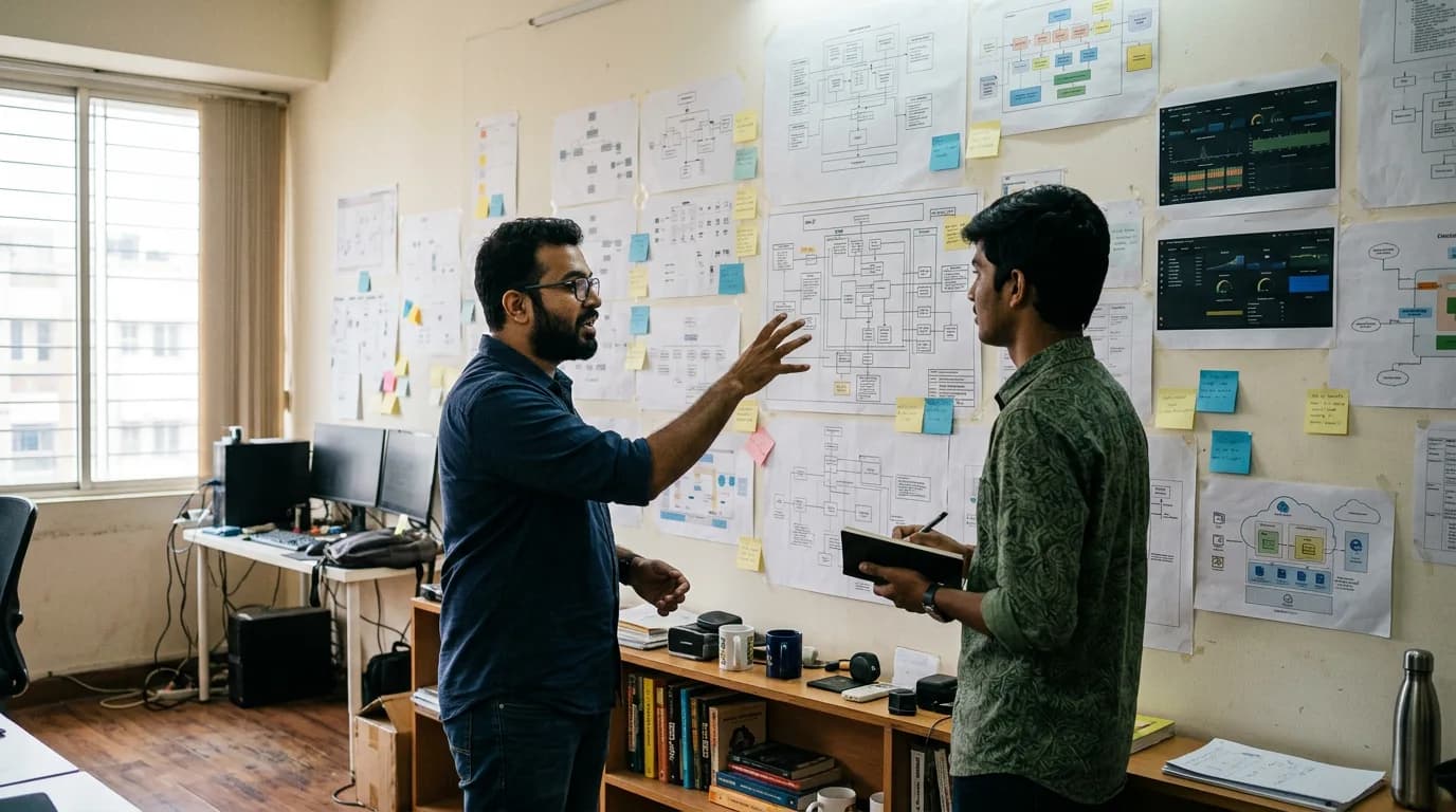 Two engineers in front of the wall of system diagrams the studio works against